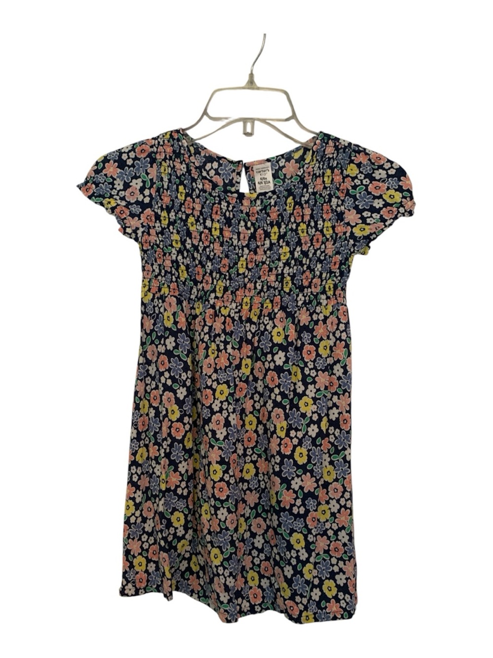 Carter's Navy Floral Smocked Short-Sleeve Dress with Pink & Yellow Flowers